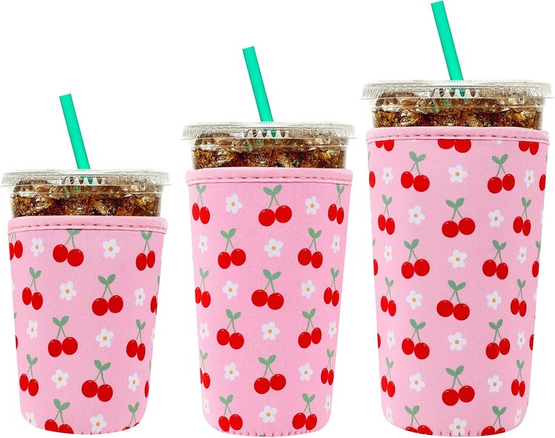 YR Reusable Neoprene Insulator Sleeve for Iced Coffee Cups, 3 Pack Coffee Coolies sleeves for Iced & Hot Drinks, Cold Beverage Cooler Compatible with Starbucks Coffee and More (Cute Cherry) - Image 1